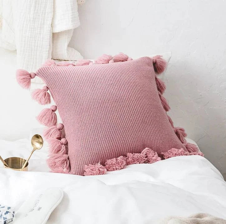 Decorative Pillow Cover, Knitted  Acrylic, Lantern Style w Ball Tassels