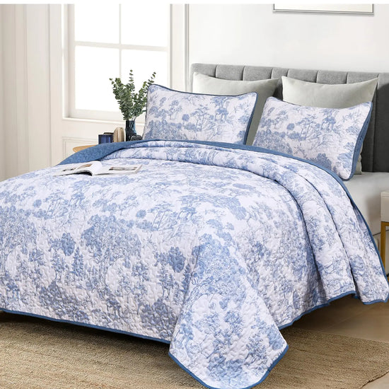 WONGS BEDDING Blue Quilt Set Full Size 3 Pieces Botanical Bedspreads Set Lightweight Microfiber Blue Toile Plants Pattern Coverlet Home Decor for All Seasons (90"x78")