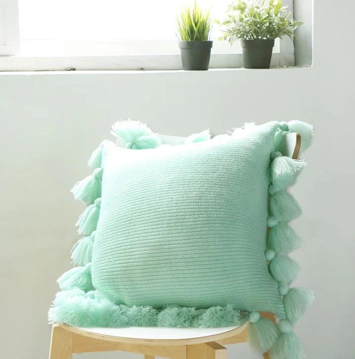 Decorative Pillow Cover, Knitted  Acrylic, Lantern Style w Ball Tassels