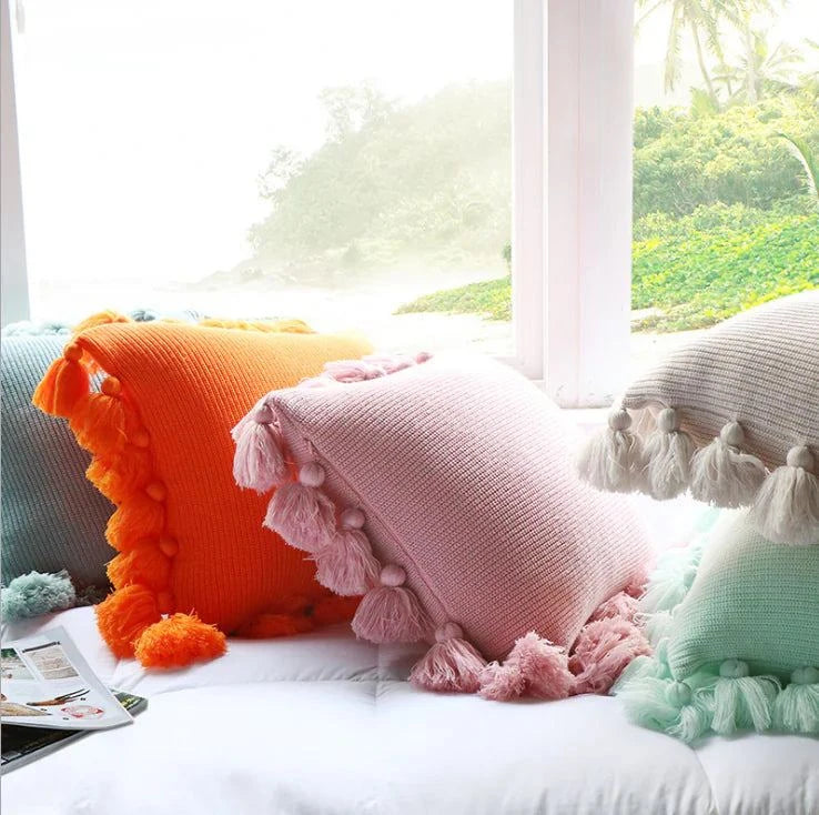 Decorative Pillow Cover, Knitted  Acrylic, Lantern Style w Ball Tassels
