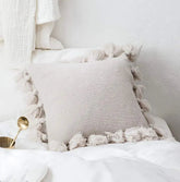 White Decorative Pillow Cover, Knitted  Acrylic, Lantern Style w Ball Tassels