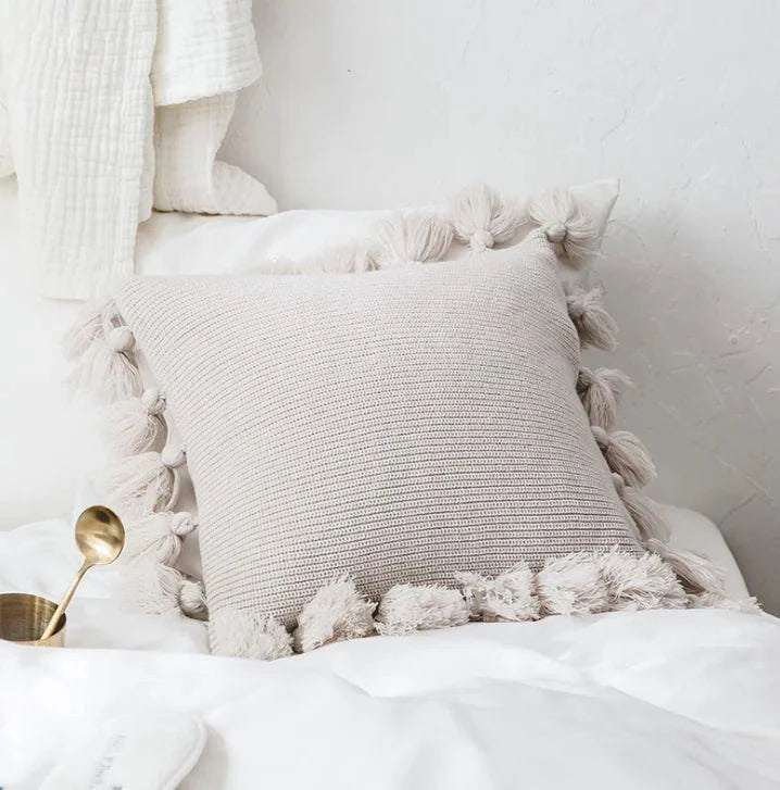 White Decorative Pillow Cover, Knitted  Acrylic, Lantern Style w Ball Tassels