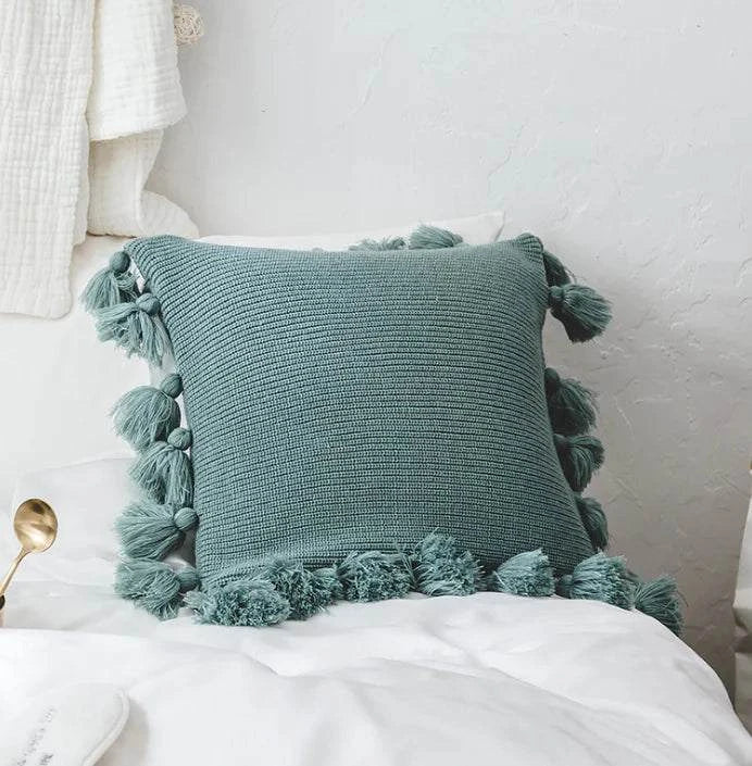 Decorative Pillow Cover, Knitted  Acrylic, Lantern Style w Ball Tassels